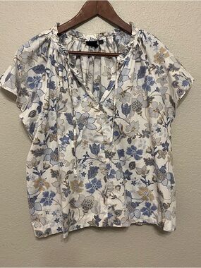 GAP Cream Floral Button-Front Blouse with Blue and Tan Flowers